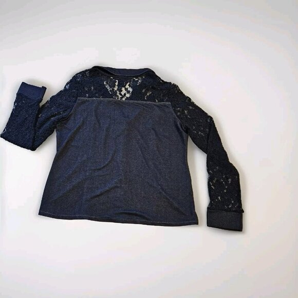 Elena Wang Top Womens L Indigo LS Lace Pullover Chambray Stretch Boho Whimsigoth - Picture 2 of 13